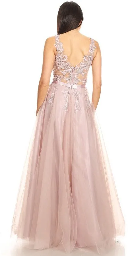 J&J Fashion 3085 Stunning Illusion Appliqued Long Prom Dress
