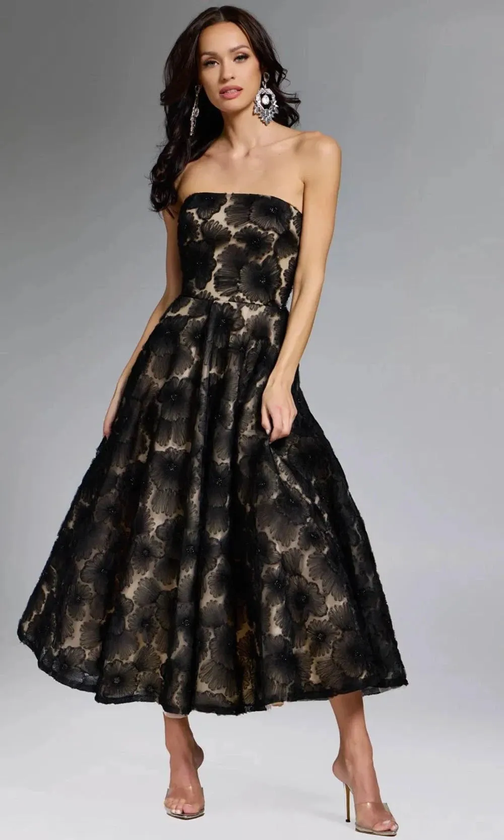Jovani 41187 - Strapless Floral Embroidered Tea-Length Dress