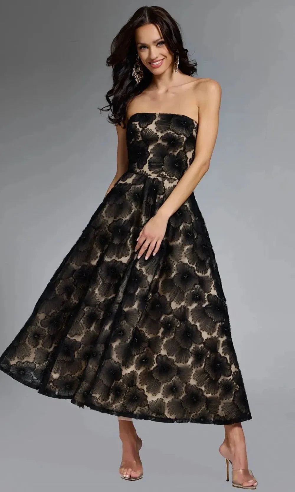 Jovani 41187 - Strapless Floral Embroidered Tea-Length Dress