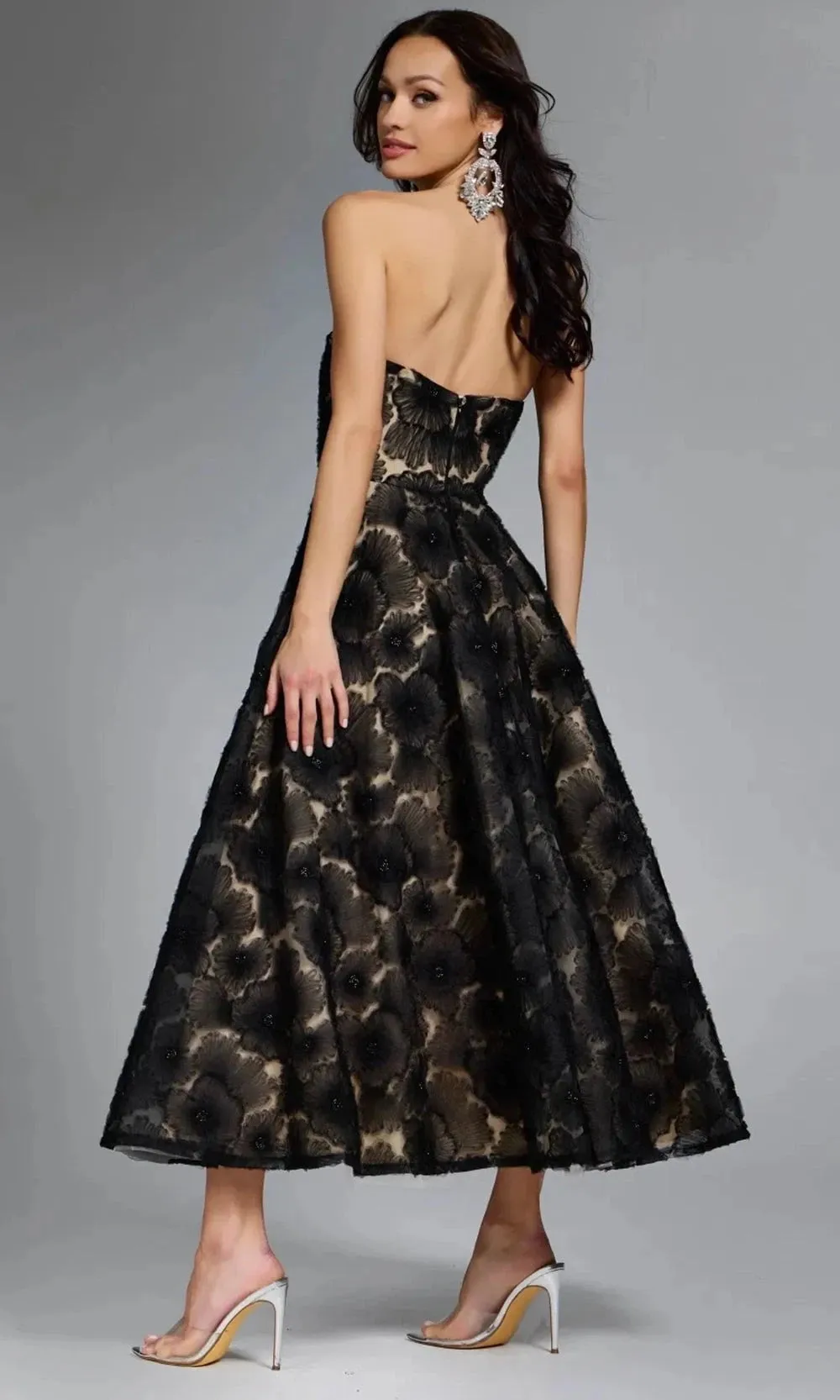 Jovani 41187 - Strapless Floral Embroidered Tea-Length Dress