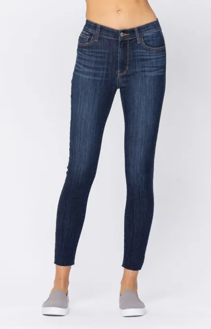 Judy Blue Raw Hem Skinny Jeans Dark Wash