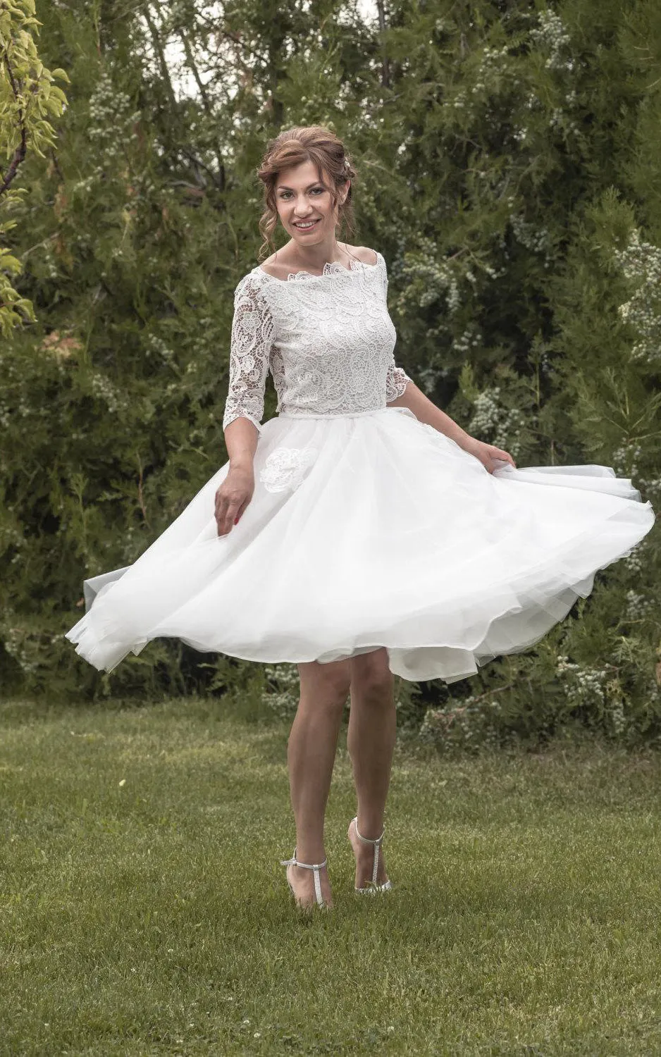 Lace Bodice Tulle Tea Length Dress With Lace Pocket
