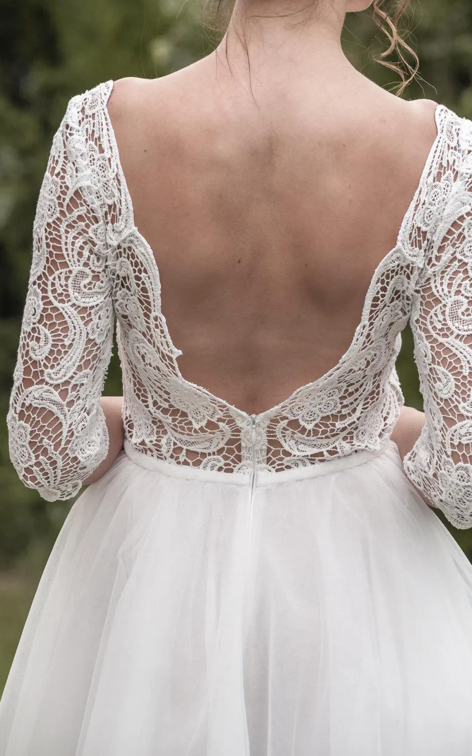 Lace Bodice Tulle Tea Length Dress With Lace Pocket