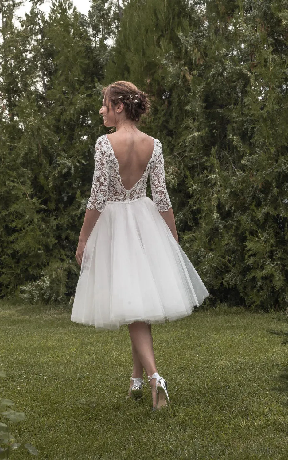 Lace Bodice Tulle Tea Length Dress With Lace Pocket