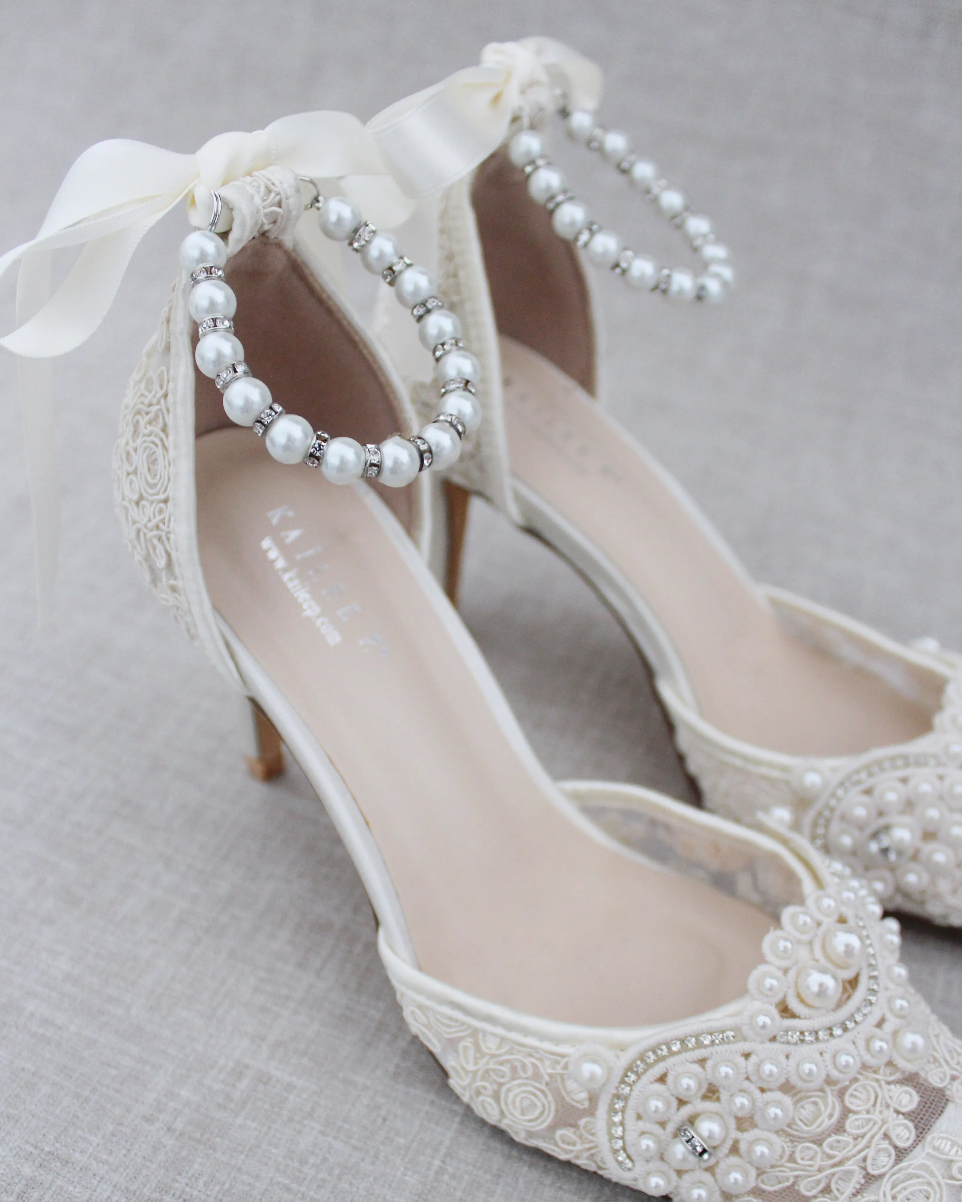 Lace Bridal Heels with Pearl Detail