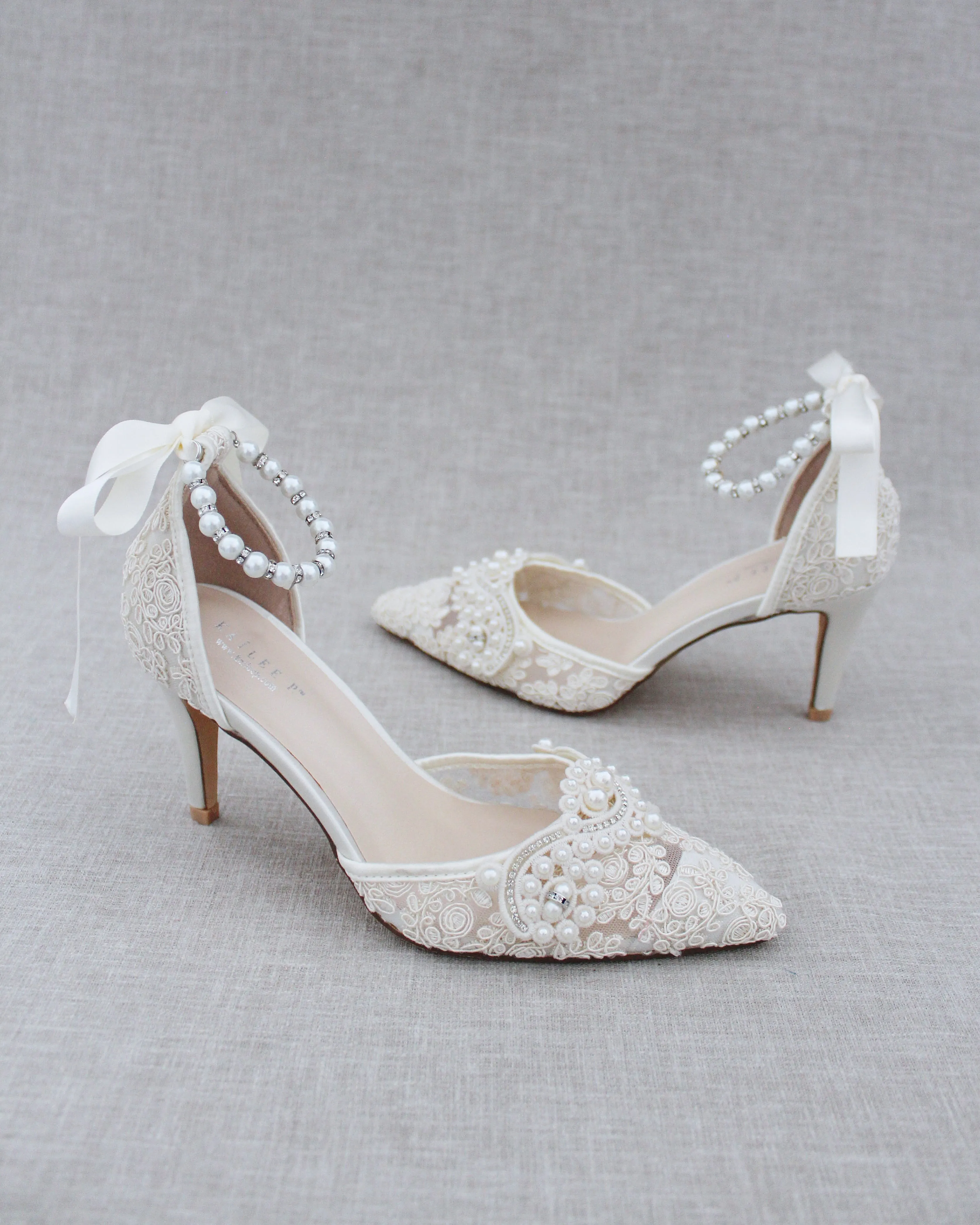 Lace Bridal Heels with Pearl Detail