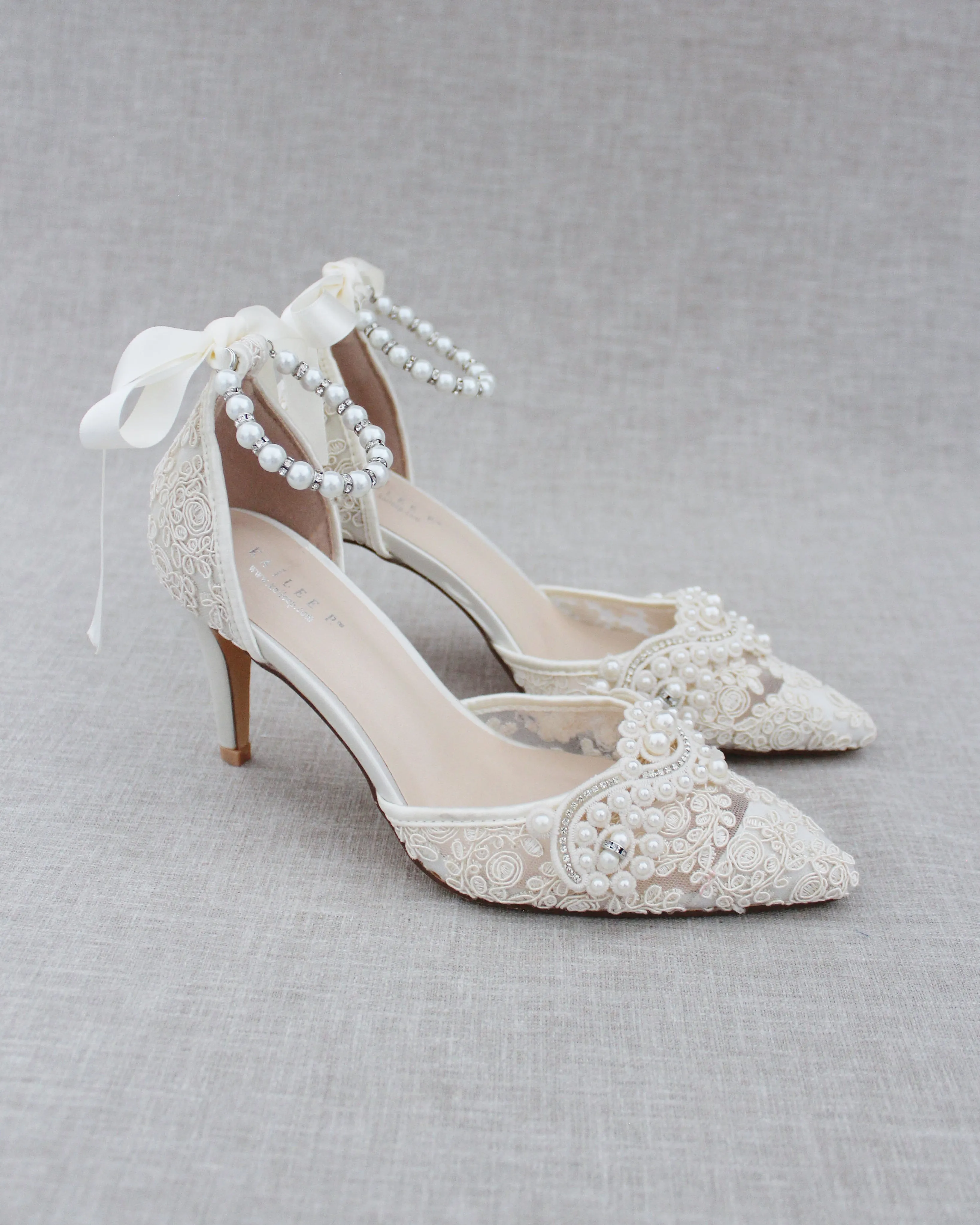 Lace Bridal Heels with Pearl Detail