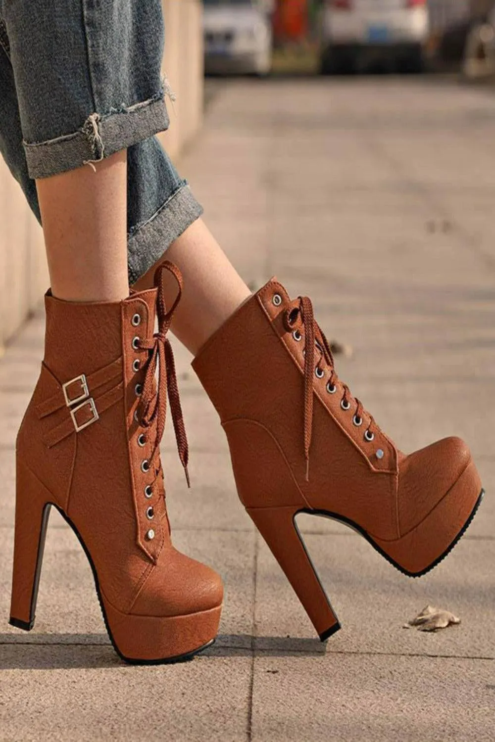 Lace Up Platform Biker Boots - Brown
