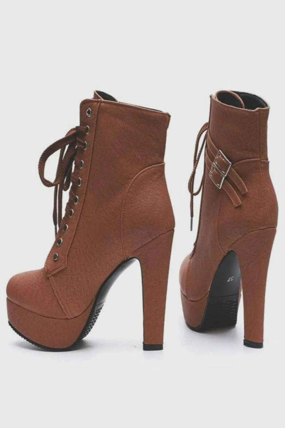 Lace Up Platform Biker Boots - Brown