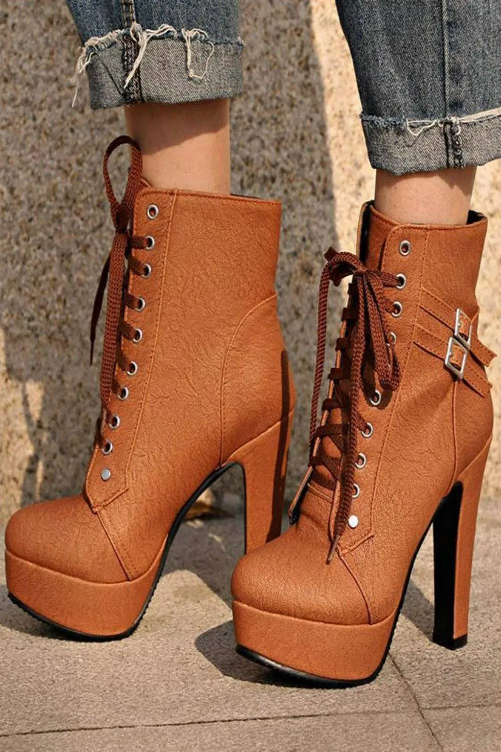 Lace Up Platform Biker Boots - Brown