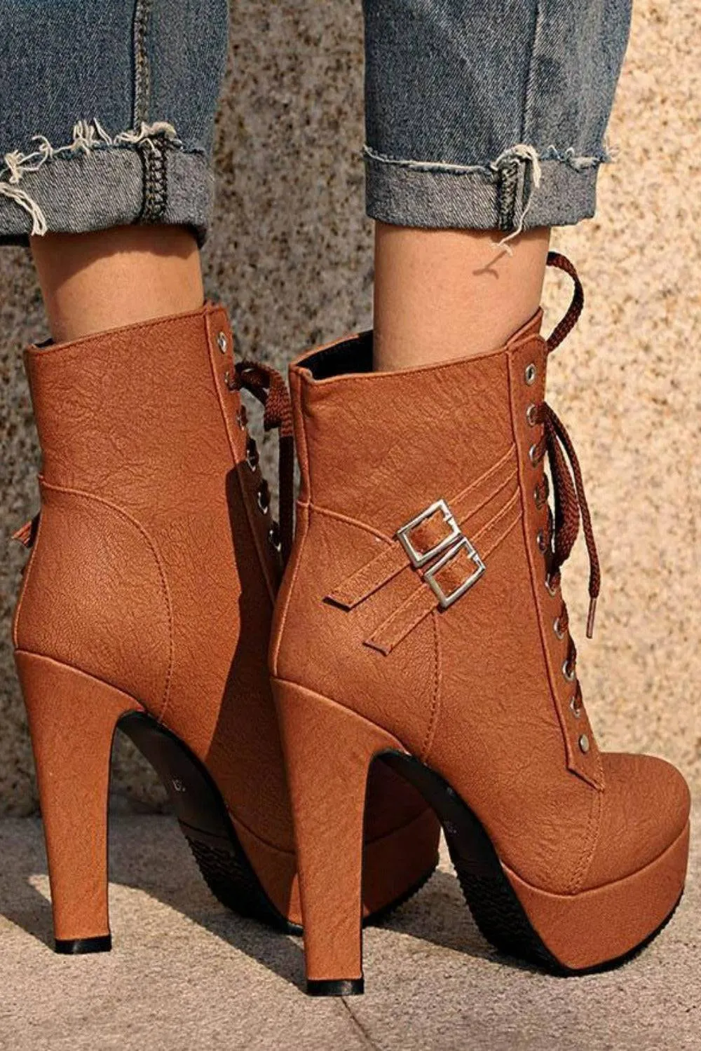 Lace Up Platform Biker Boots - Brown