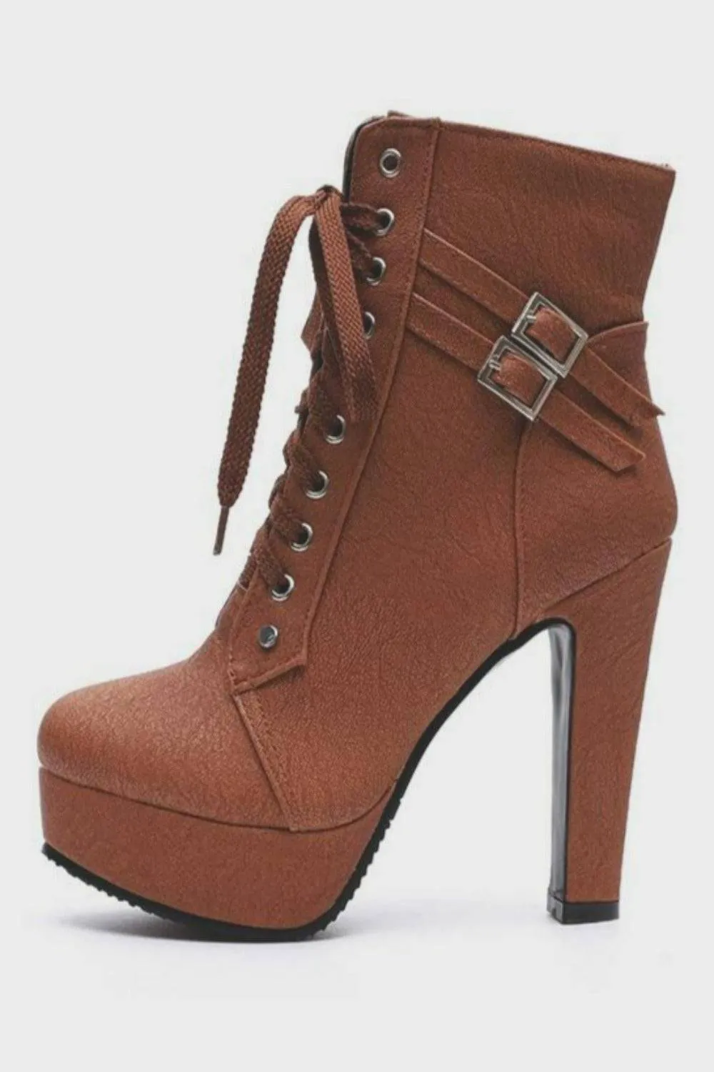 Lace Up Platform Biker Boots - Brown
