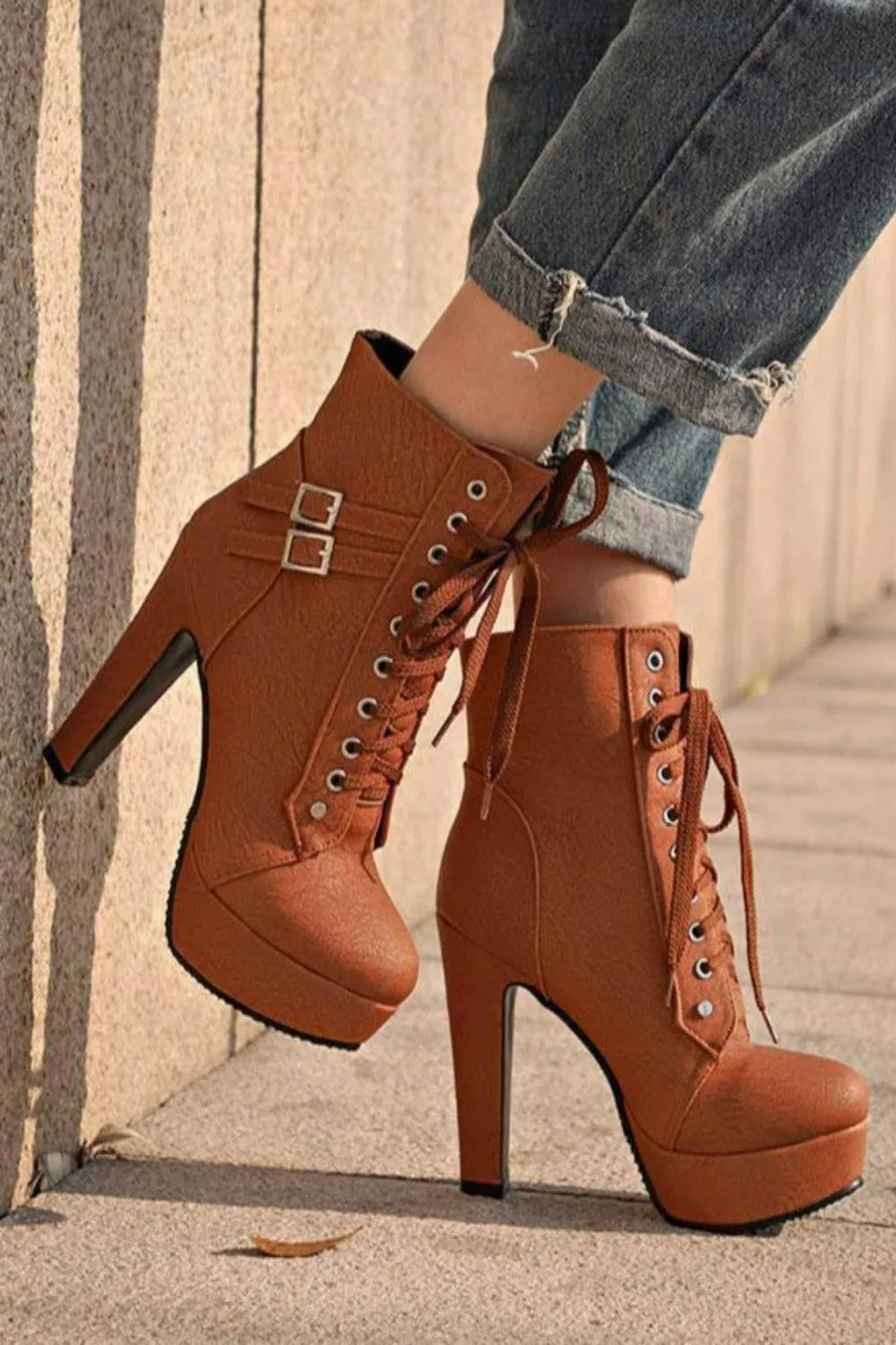Lace Up Platform Biker Boots - Brown