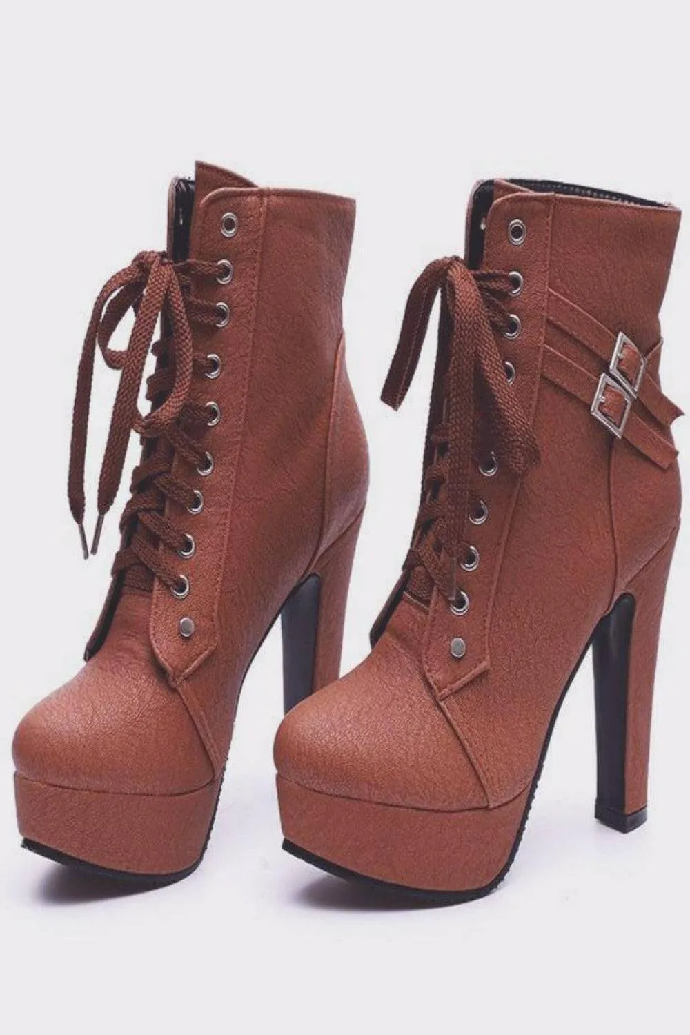 Lace Up Platform Biker Boots - Brown