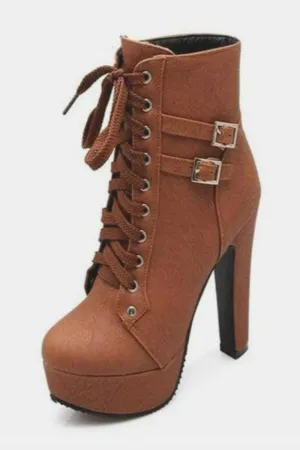Lace Up Platform Biker Boots - Brown