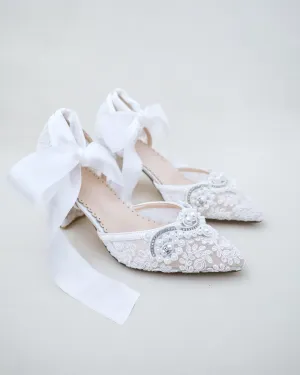 Lace Wedding Block Heel with Pearl Detail