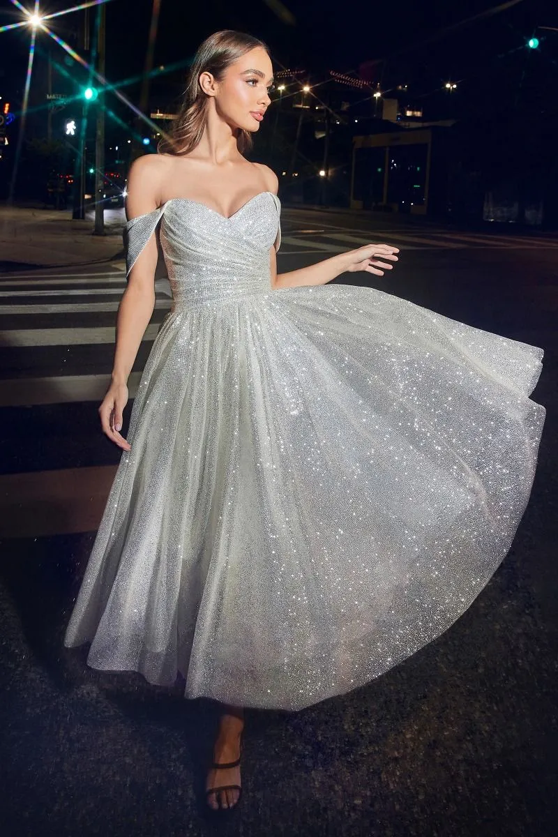 Ladivine CD869W Off the Shoulder A-Line Tea Length Glitter Dress