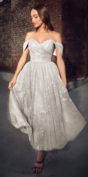 Ladivine CD869W Off the Shoulder A-Line Tea Length Glitter Dress