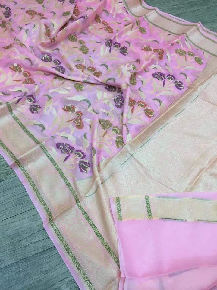 Lavender Floral Handloom Banarasi Meenakari Saree