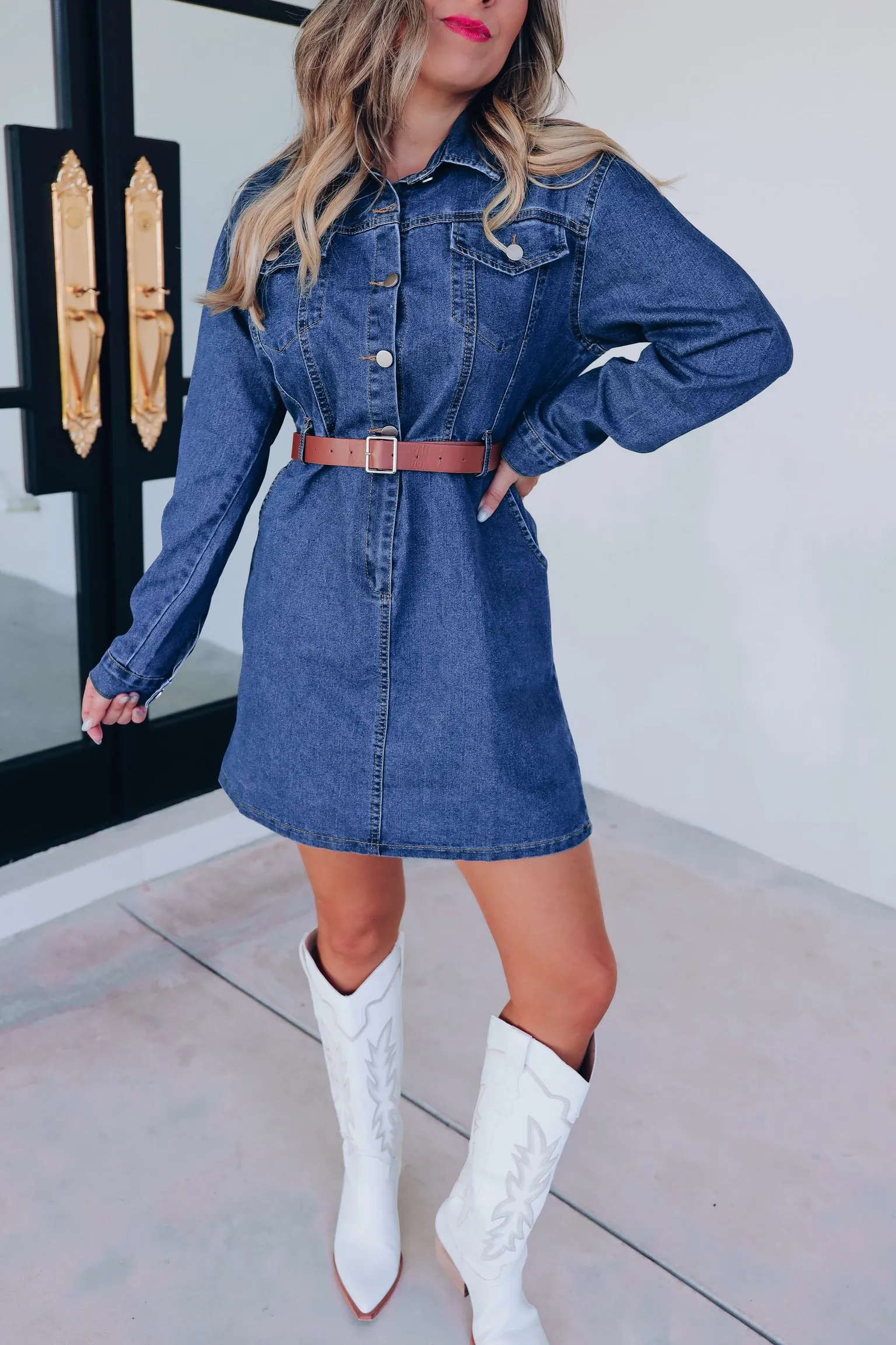 Lavina Pocketed Denim Shirt Dress - Blue