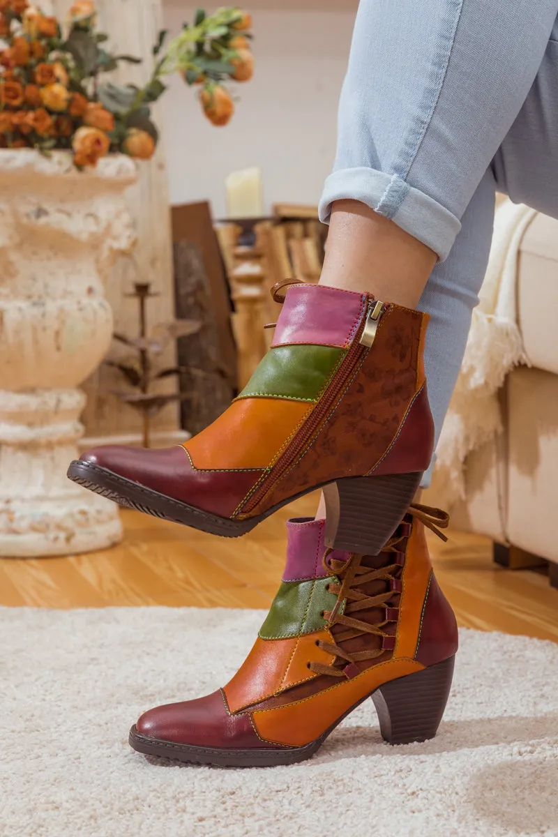 Leather Block Color Lace-Up Boot