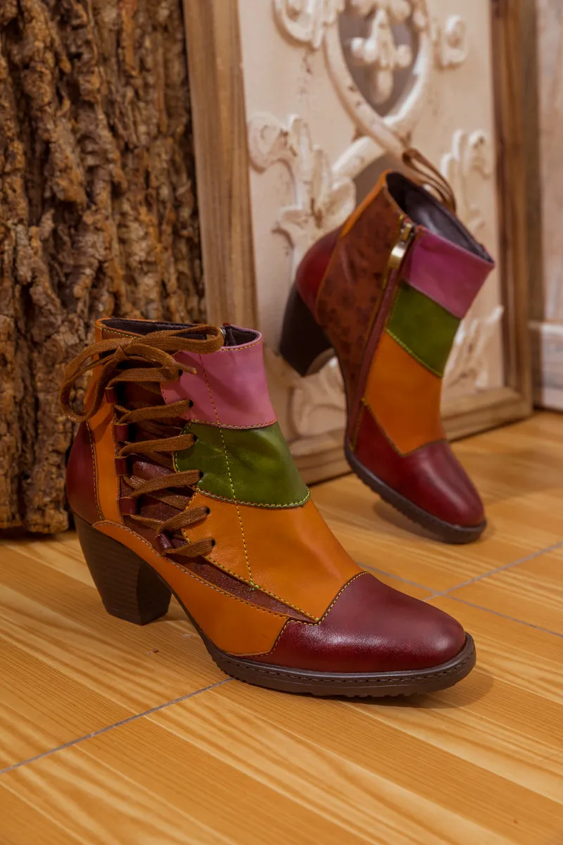 Leather Block Color Lace-Up Boot
