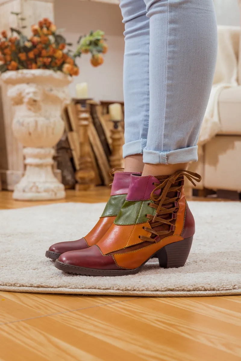 Leather Block Color Lace-Up Boot