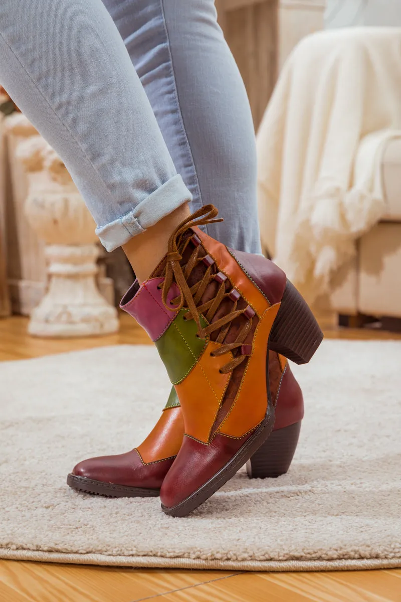 Leather Block Color Lace-Up Boot