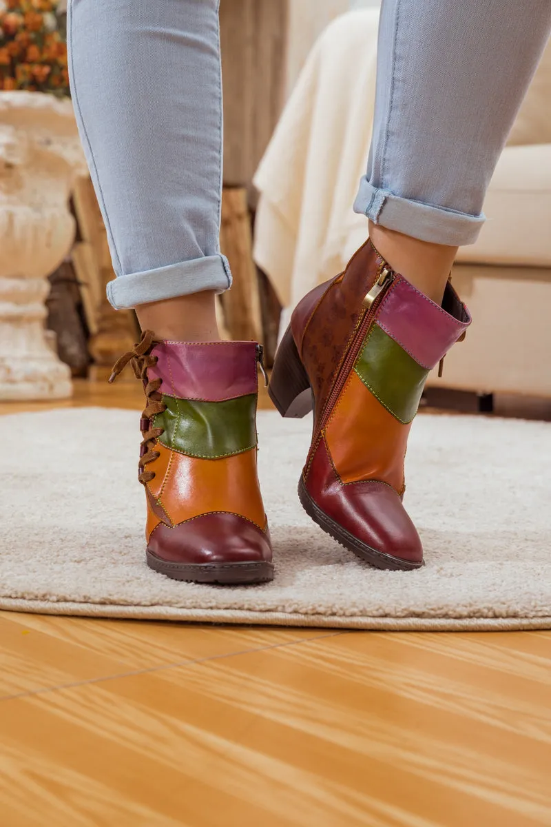 Leather Block Color Lace-Up Boot