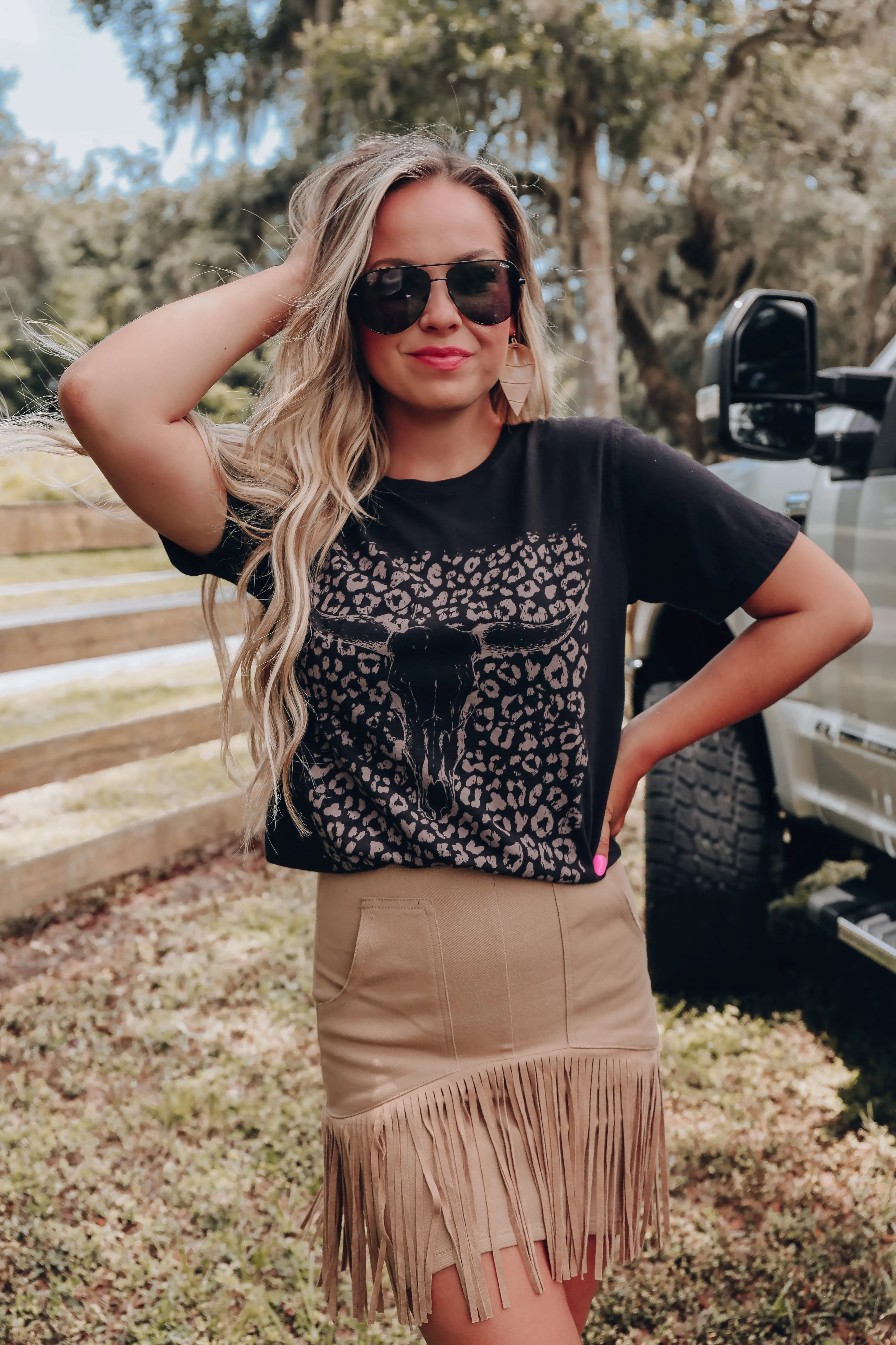 Leopard Bull Skull Graphic Tee - Black