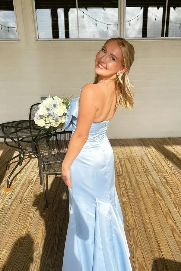 Light Blue Mermaid Strapless Tea Length Bridesmaid Dress With Bow, MBD281