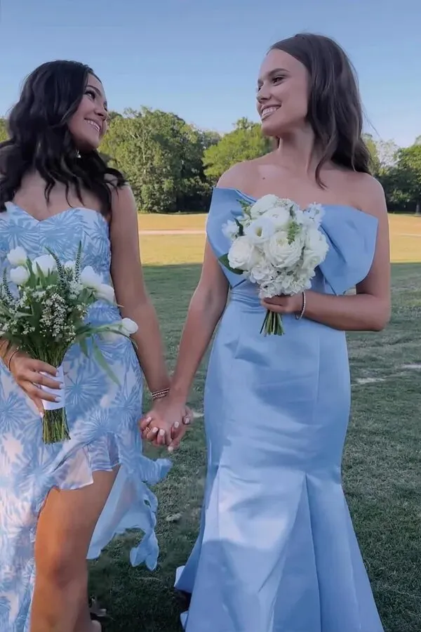 Light Blue Mermaid Strapless Tea Length Bridesmaid Dress With Bow, MBD281