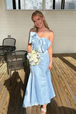 Light Blue Mermaid Strapless Tea Length Bridesmaid Dress With Bow, MBD281