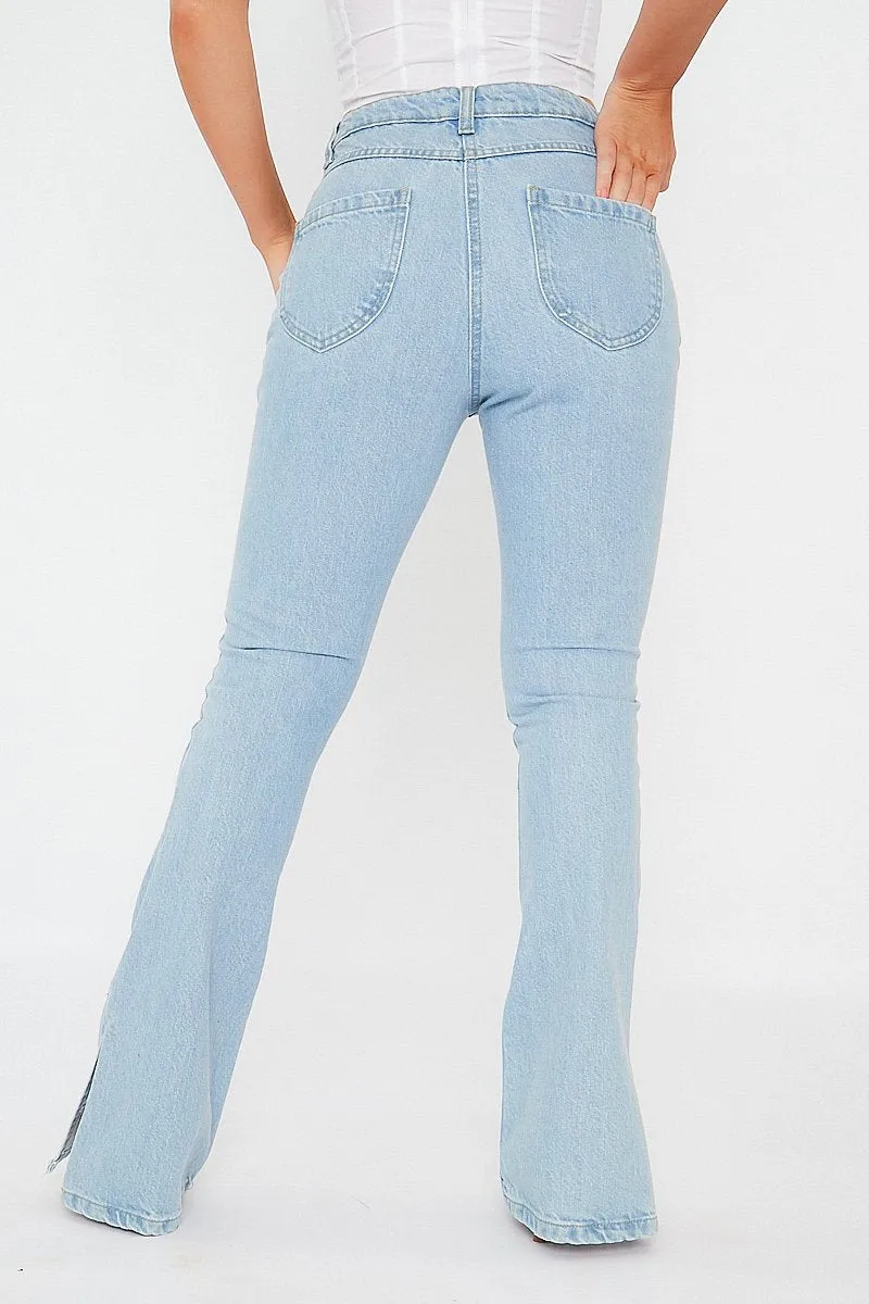 Light Blue Split Hem Flare Jeans - Ivara