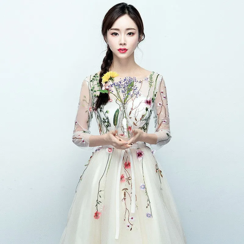 Light Champagne Tea Length Floral Lace Formal Dress Bridesmaid Dress, Cute Short Party Dresses