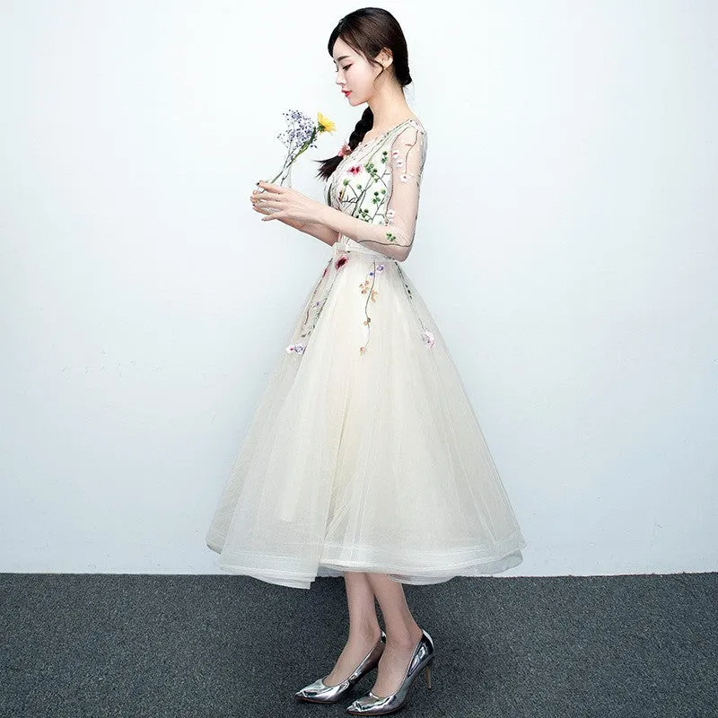 Light Champagne Tea Length Floral Lace Formal Dress Bridesmaid Dress, Cute Short Party Dresses