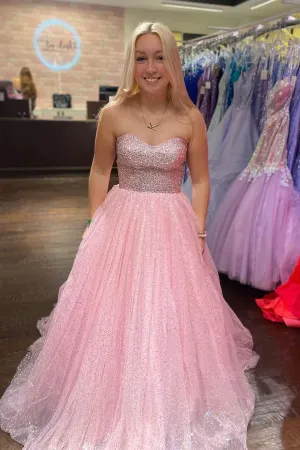 Light Pink A Line Floor Length Strapless Sparkly Tulle Long Prom Dress APP0765