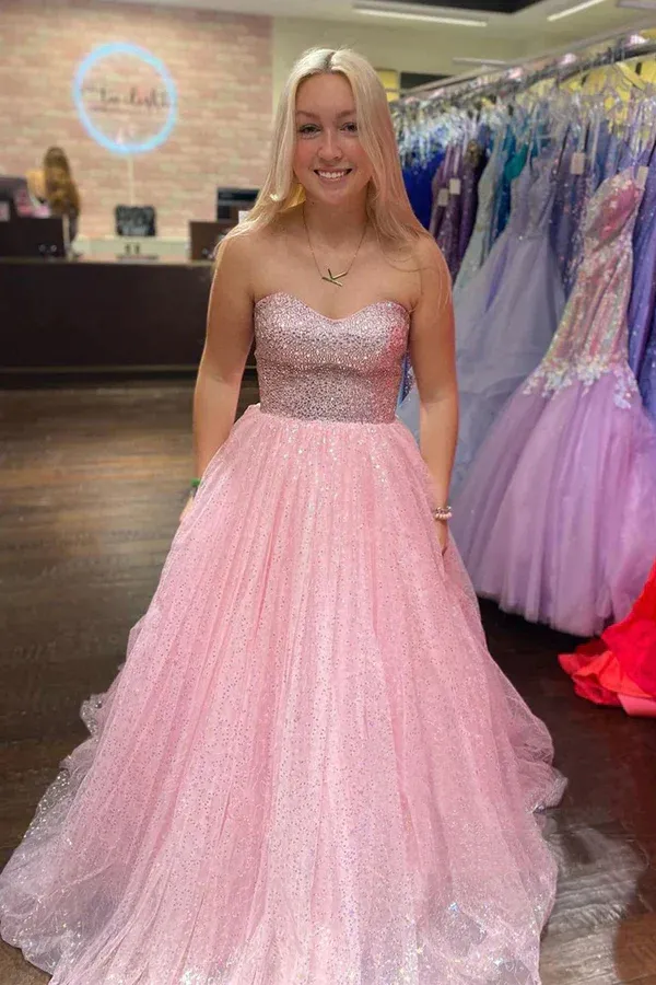 Light Pink A Line Floor Length Strapless Sparkly Tulle Long Prom Dress APP0765