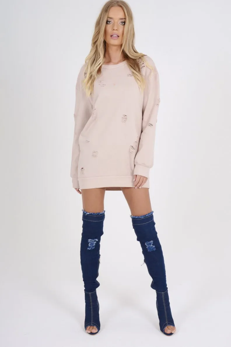 Light Pink Distressed Detail Sweatshirt Jumper Dress - Ivy