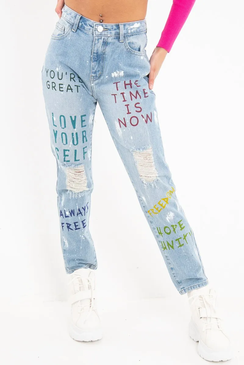 Light Wash Graffiti Print Distressed Boyfriend Jeans - Maryana
