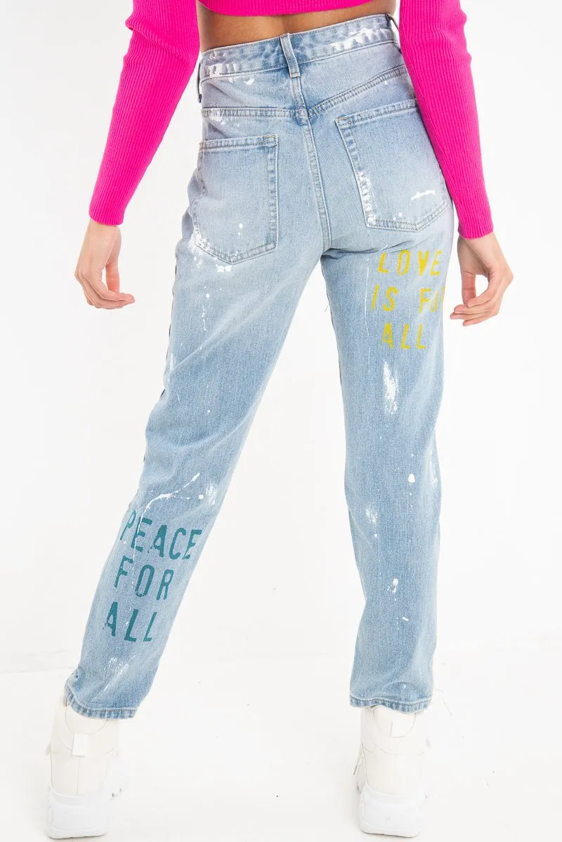 Light Wash Graffiti Print Distressed Boyfriend Jeans - Maryana