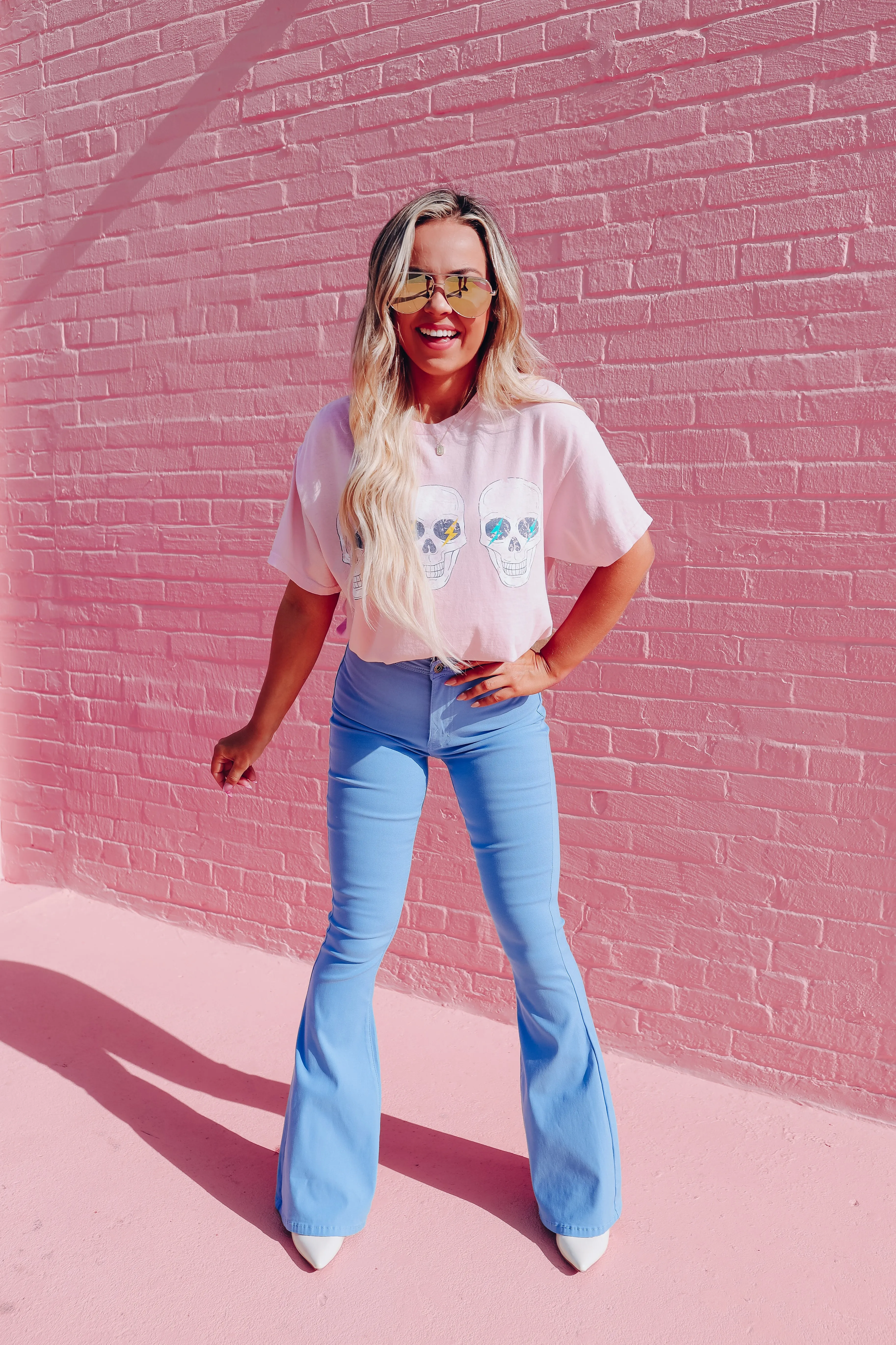Lightning Skull Graphic Tee - Pink