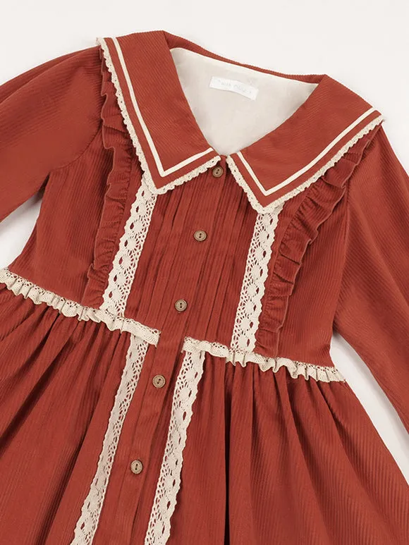 Lolita Dresses Tea Party Style Lolita Skirt Ruffles Long Sleeves Cotton Linen Pastoral Style Red