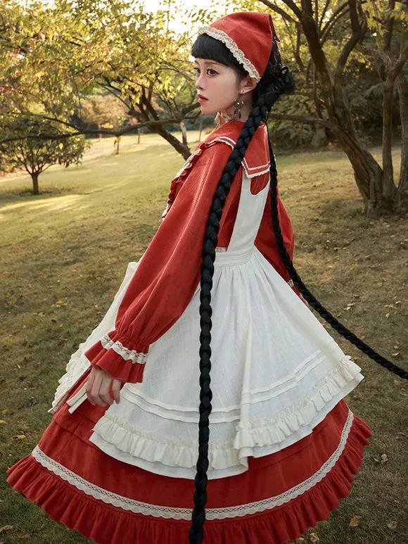 Lolita Dresses Tea Party Style Lolita Skirt Ruffles Long Sleeves Cotton Linen Pastoral Style Red