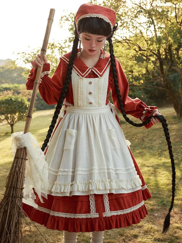 Lolita Dresses Tea Party Style Lolita Skirt Ruffles Long Sleeves Cotton Linen Pastoral Style Red