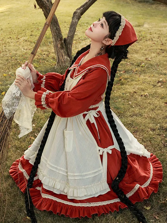 Lolita Dresses Tea Party Style Lolita Skirt Ruffles Long Sleeves Cotton Linen Pastoral Style Red