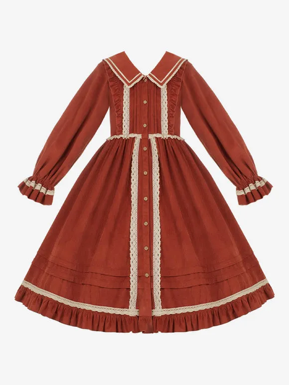 Lolita Dresses Tea Party Style Lolita Skirt Ruffles Long Sleeves Cotton Linen Pastoral Style Red