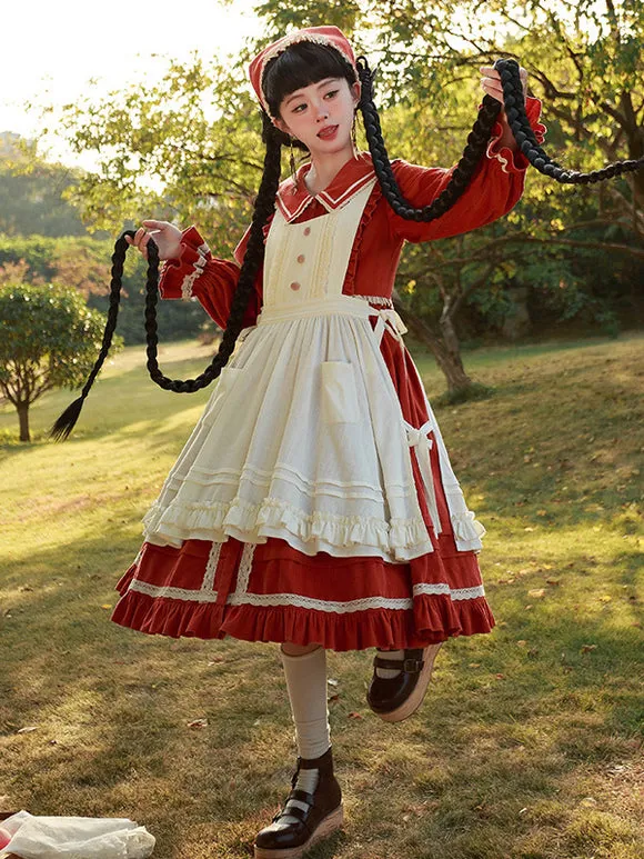 Lolita Dresses Tea Party Style Lolita Skirt Ruffles Long Sleeves Cotton Linen Pastoral Style Red