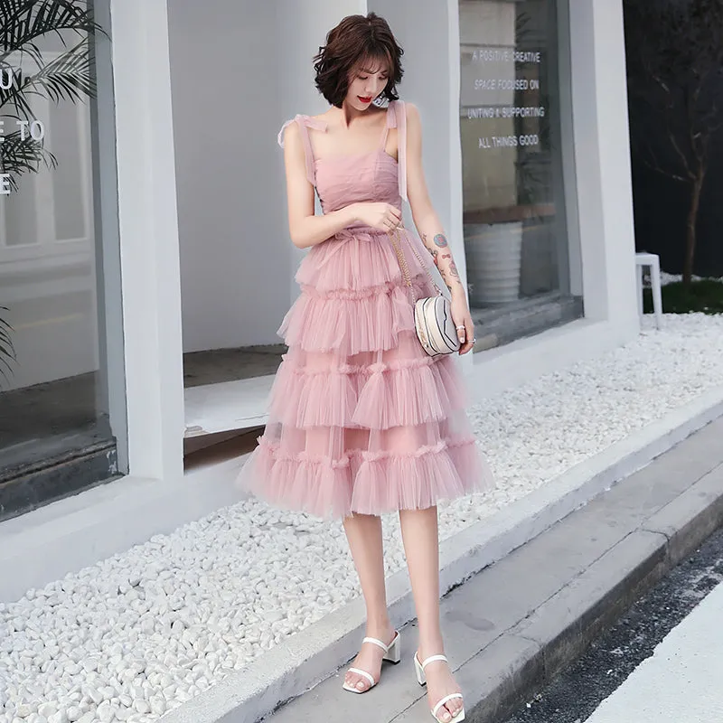 Lovely Pink Straps Layers Tea Length Wedding Party Dress, Pink Formal Dress