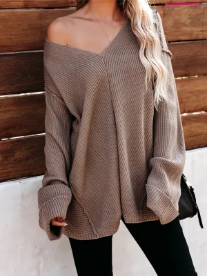 Mache Low V-Neck Oversize Sleeve Knit Top - Beige